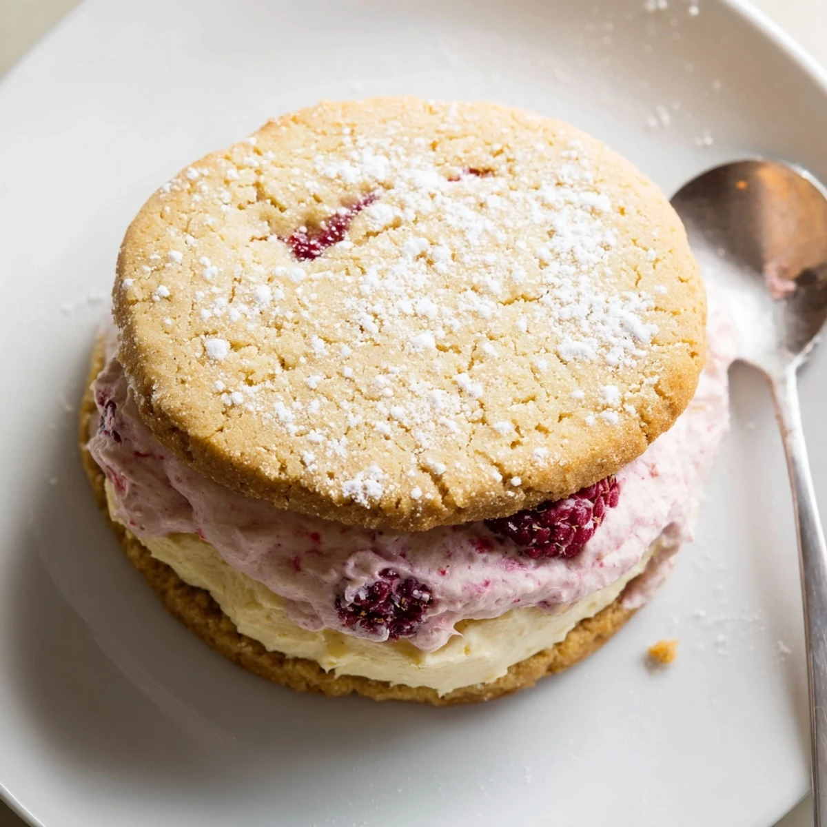 Vegan Pineapple Raspberry Cream Sugar Cookies sandwiched with bright fruity filling, chilled