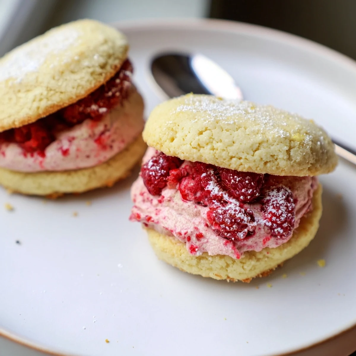 Golden-edged Vegan Pineapple Raspberry Cream Sugar Cookies with soft, chewy centers