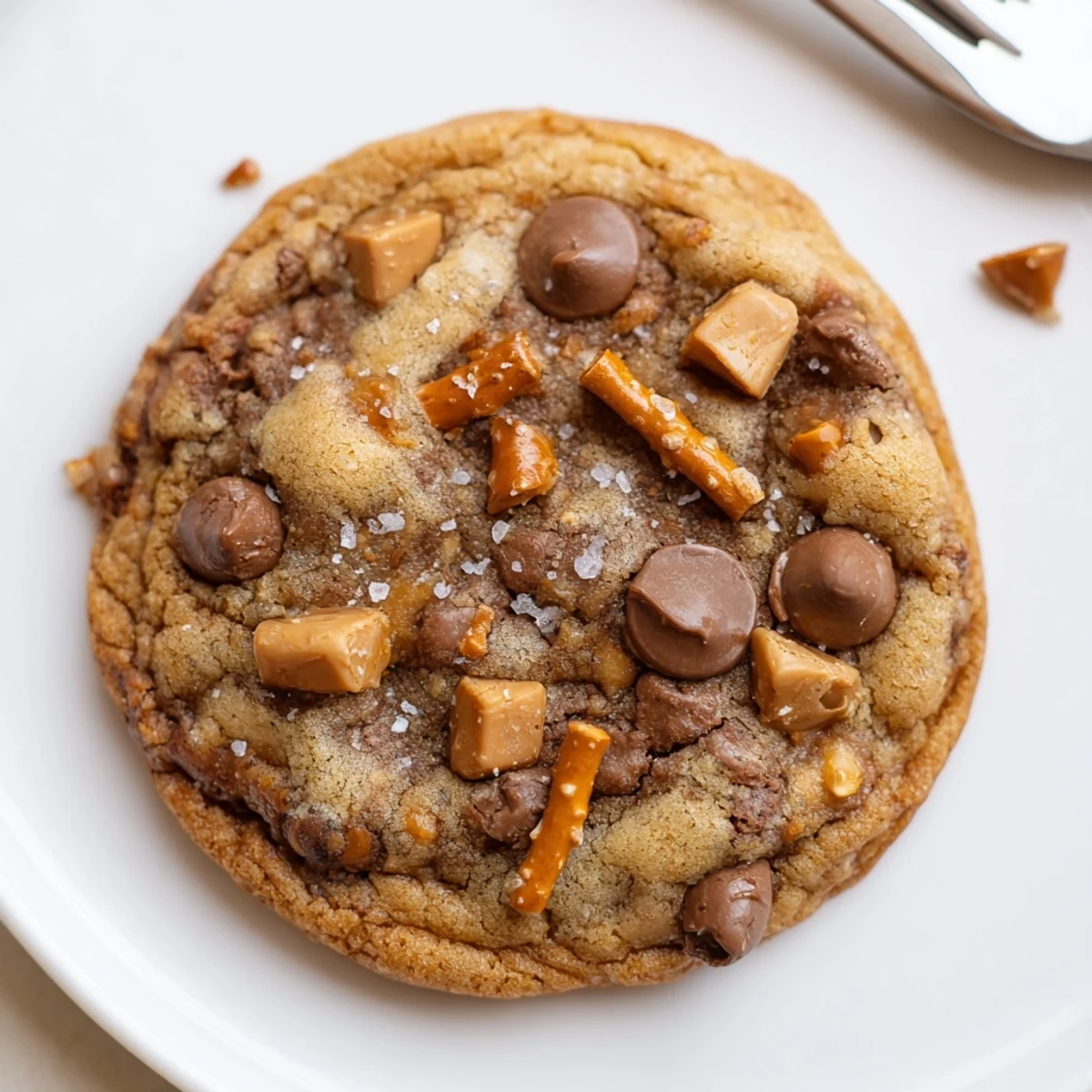 Gooey caramel centers in Brown Butter Salted Caramel Pretzel Toffee Chocolate Chip Cookies.