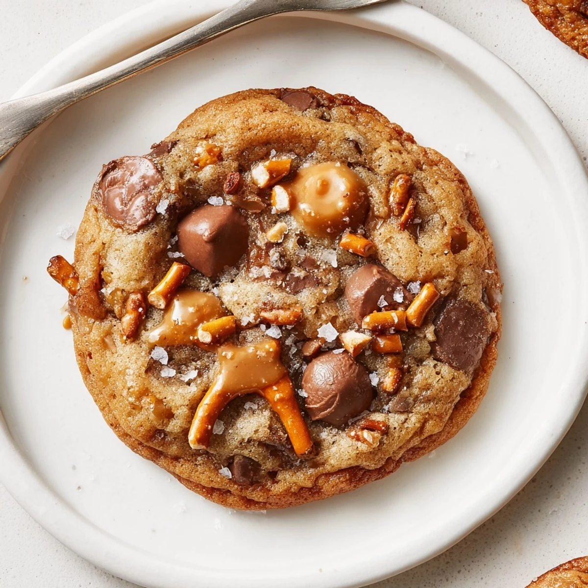 Warm Brown Butter Salted Caramel Pretzel Toffee Chocolate Chip Cookies sprinkled with flaky salt.