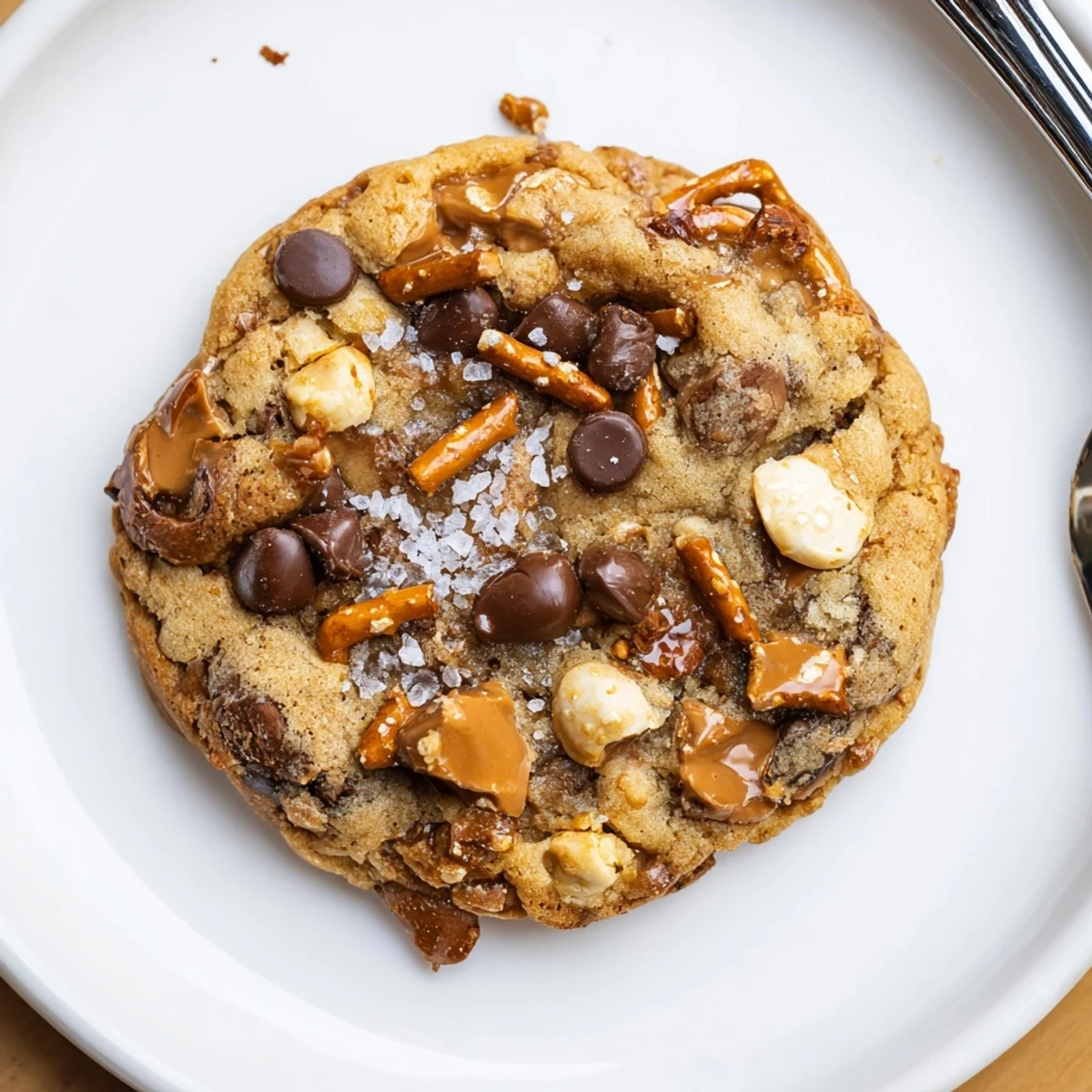 Stack of Brown Butter Salted Caramel Pretzel Toffee Chocolate Chip Cookies, chewy, salty-sweet bites.