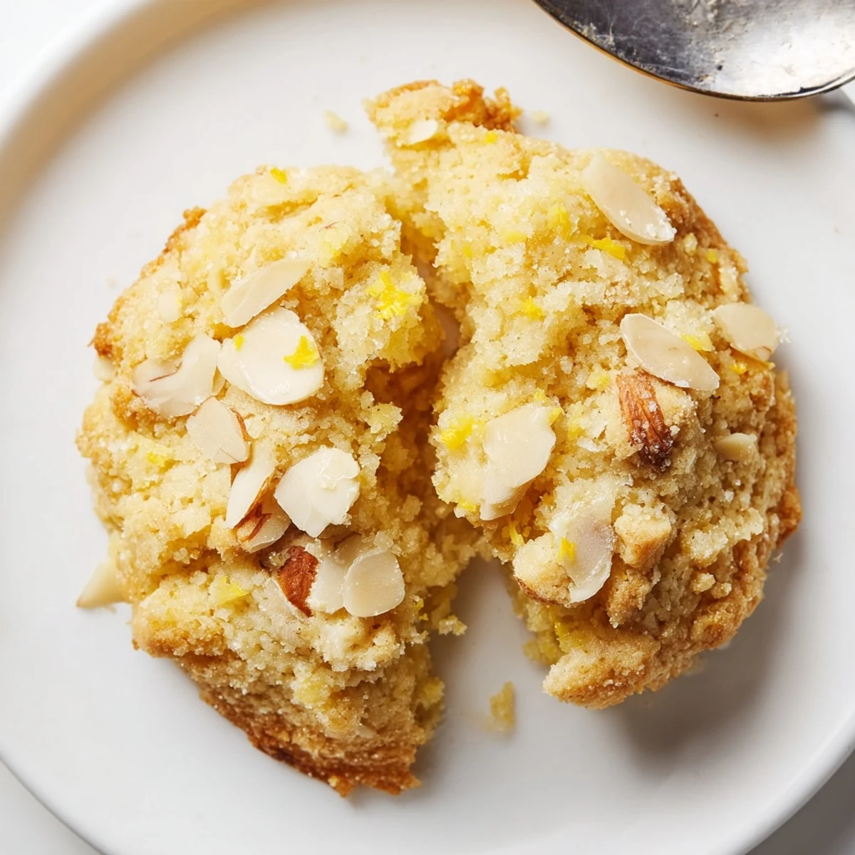 Plate of Gluten-Free Lemon Almond Crumble Cookies with tea, golden edges