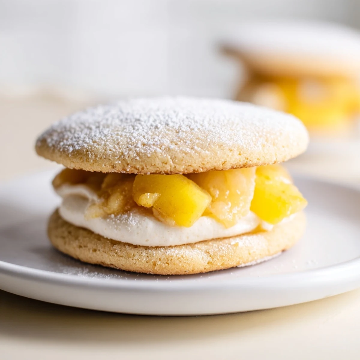 Warm-stacked Vegan Pineapple Mango Cream Sugar Cookies on wire rack, mango aroma