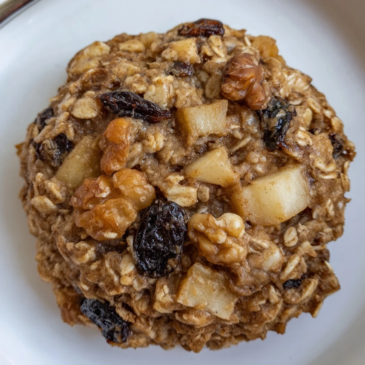 Warm Apple Cinnamon Vanilla Oatmeal Raisin Cookies on parchment, steam rising  