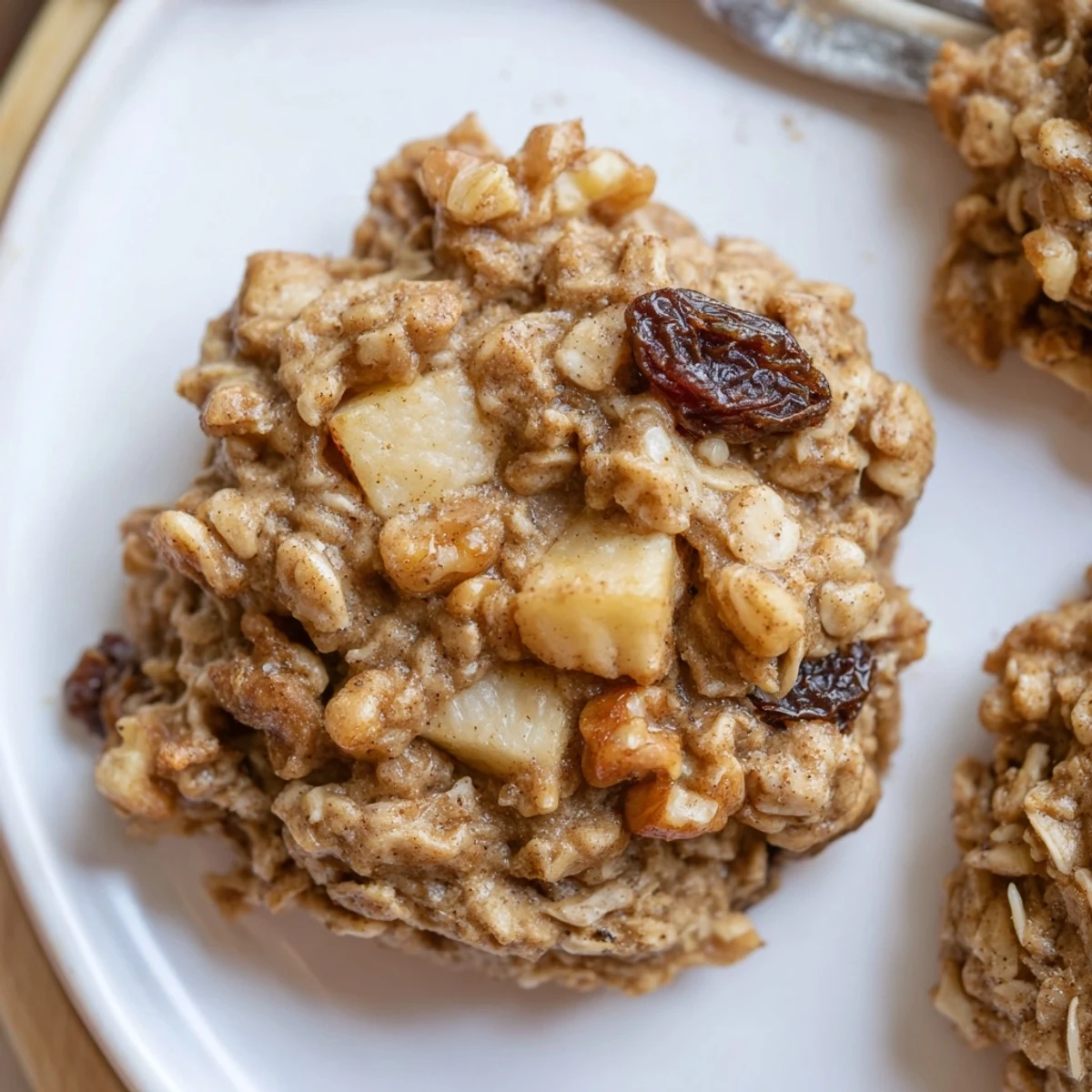 Hearty Apple Cinnamon Vanilla Oatmeal Raisin Cookies served warm with cold milk