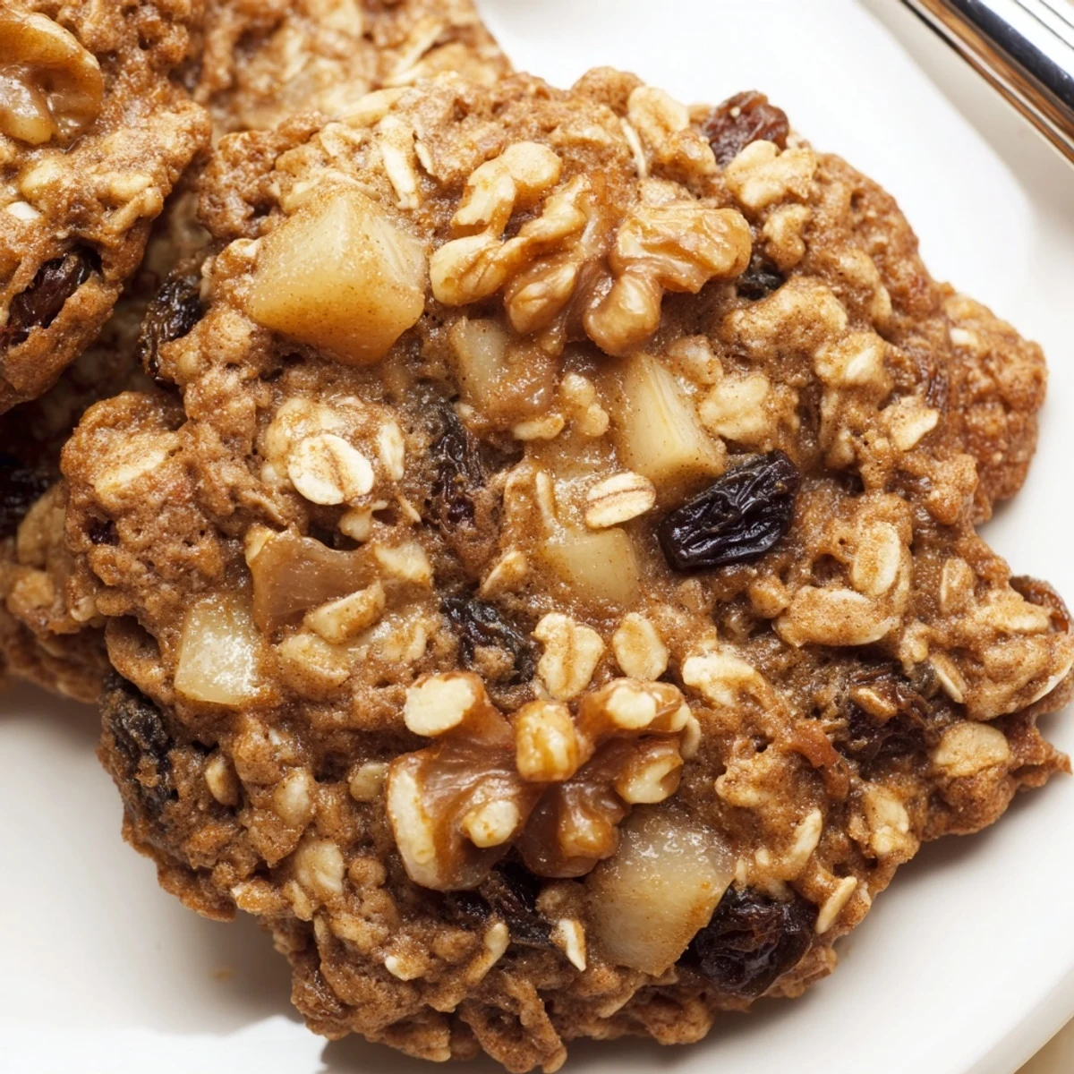 Close up of plump Apple Cinnamon Vanilla Oatmeal Raisin Cookies, chewy centers visible  