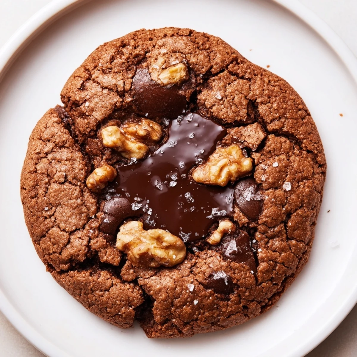 Plate of Gluten-Free Espresso Chocolate Walnut Butter Cookies with flaky sea salt