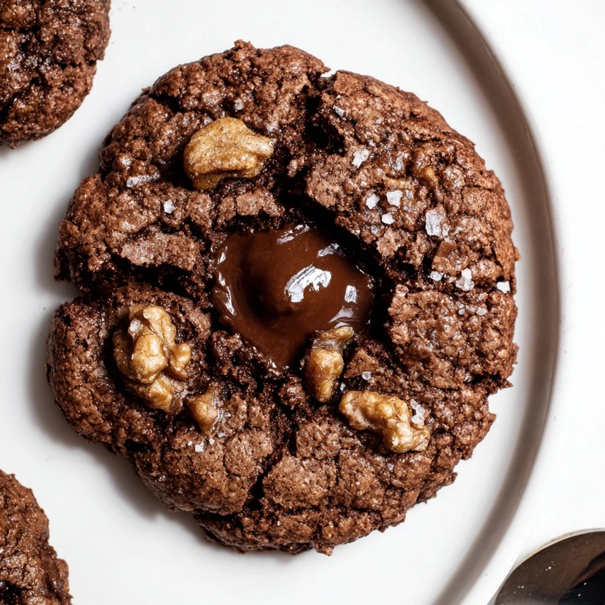 Warm stack of Gluten-Free Espresso Chocolate Walnut Butter Cookies and cold milk