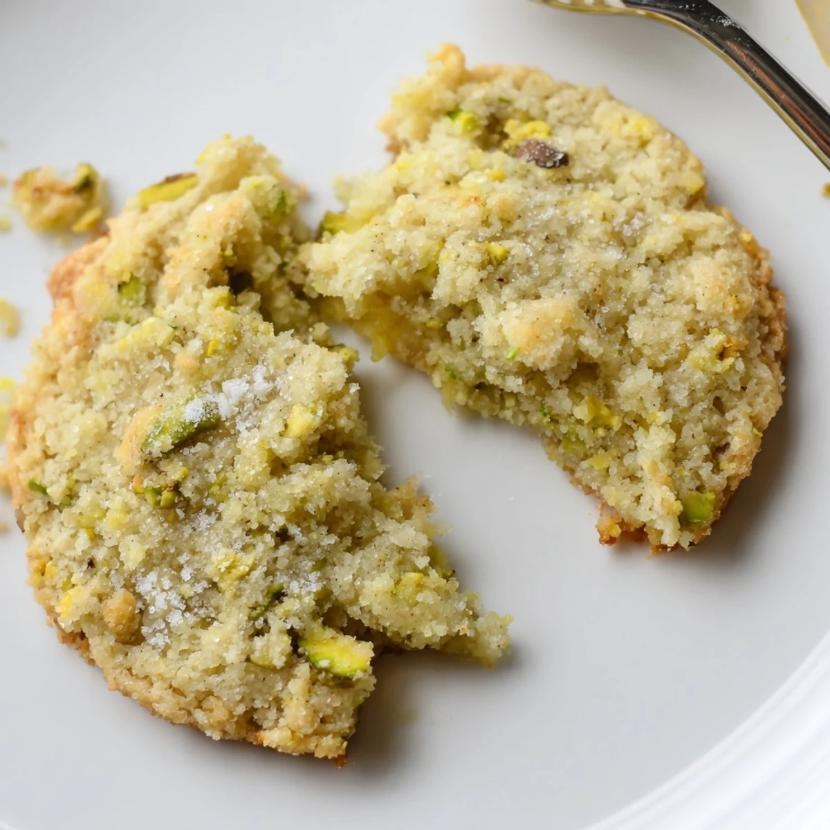 Handheld Gluten Free Lemon Pistachio Crumble Cookies, tender center, bright citrus zing