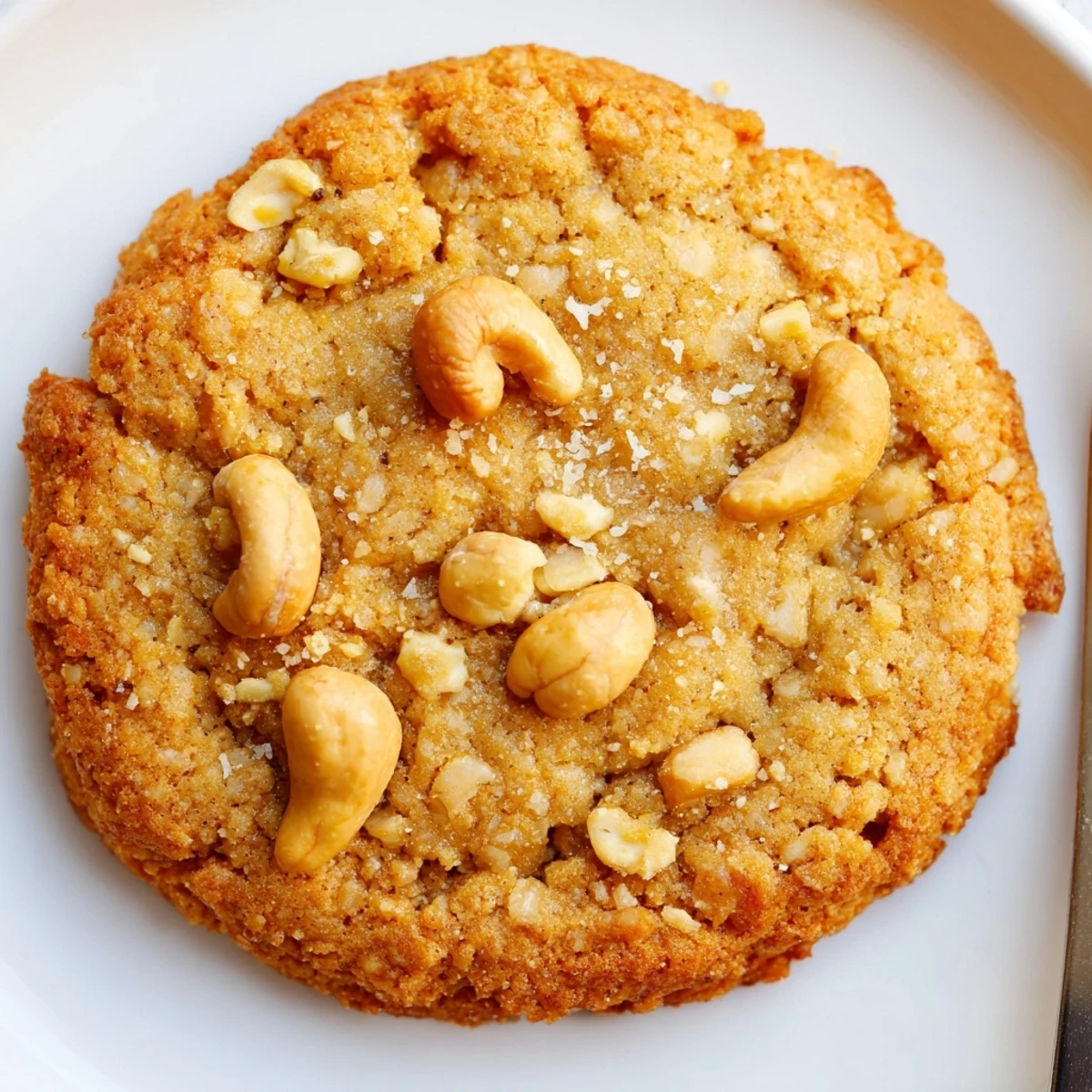 Stack of Keto Maple Cashew Crunch Cookies beside coffee, crisp bite visible