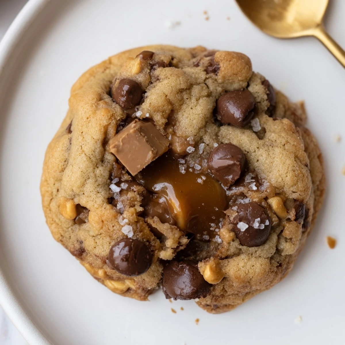 Warm Brown Butter Salted Honey Caramel Chocolate Chip Cookies with flaky sea salt