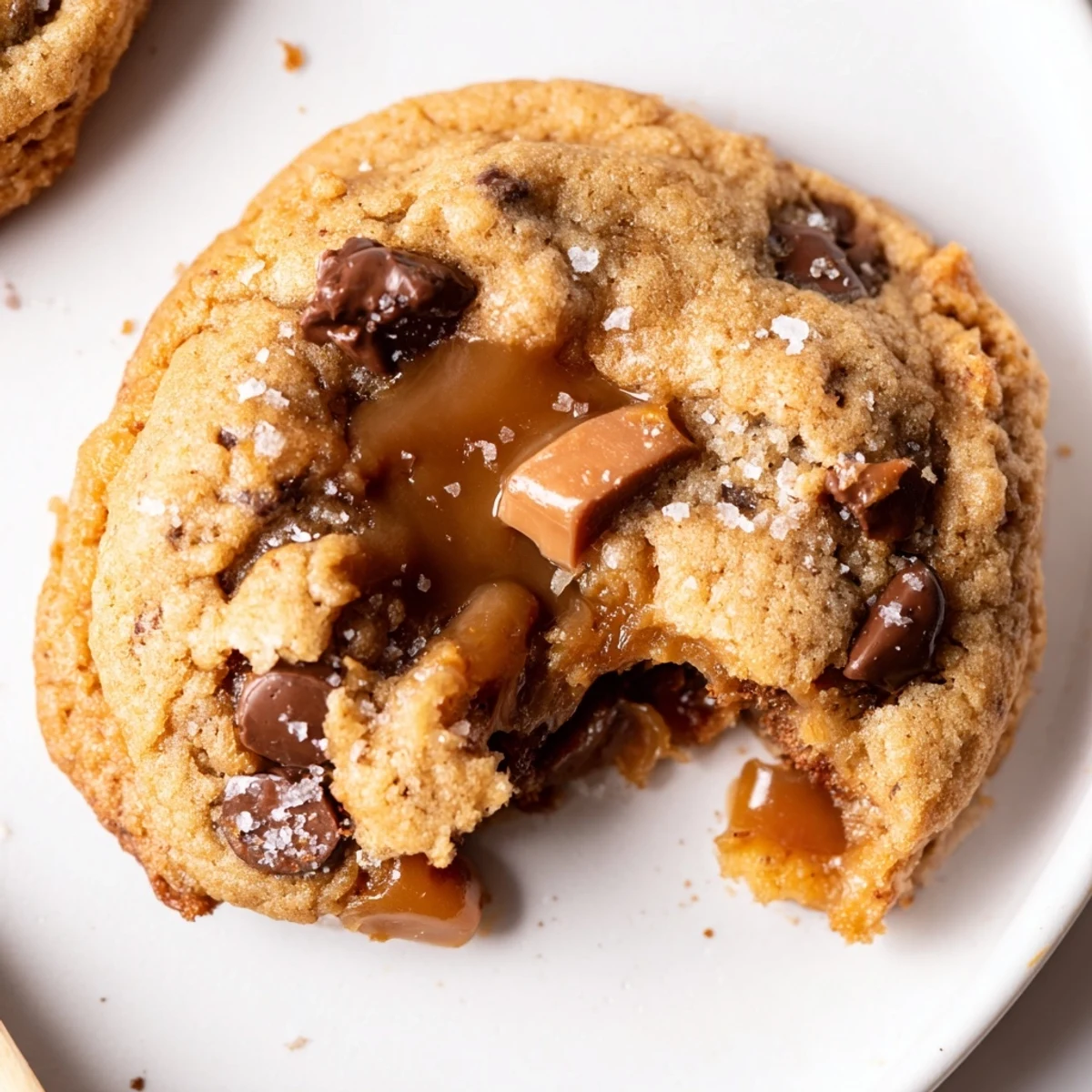 Stack of Brown Butter Salted Honey Caramel Chocolate Chip Cookies beside cold milk