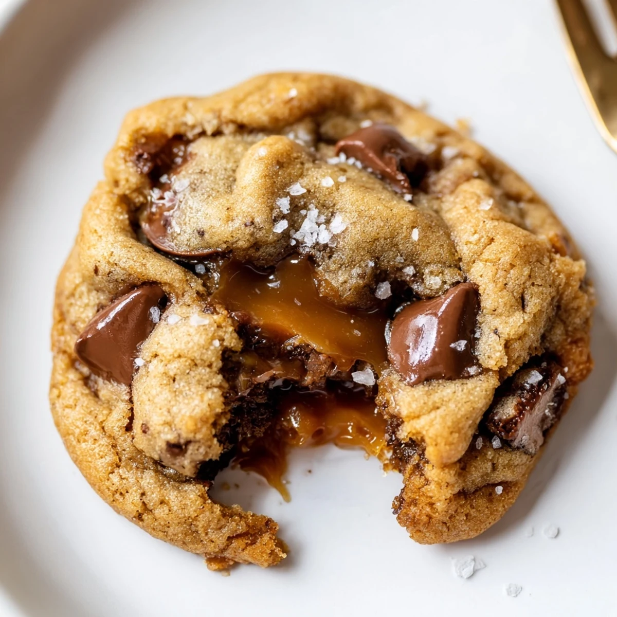 Close shot of gooey Brown Butter Salted Honey Caramel Chocolate Chip Cookies cooling