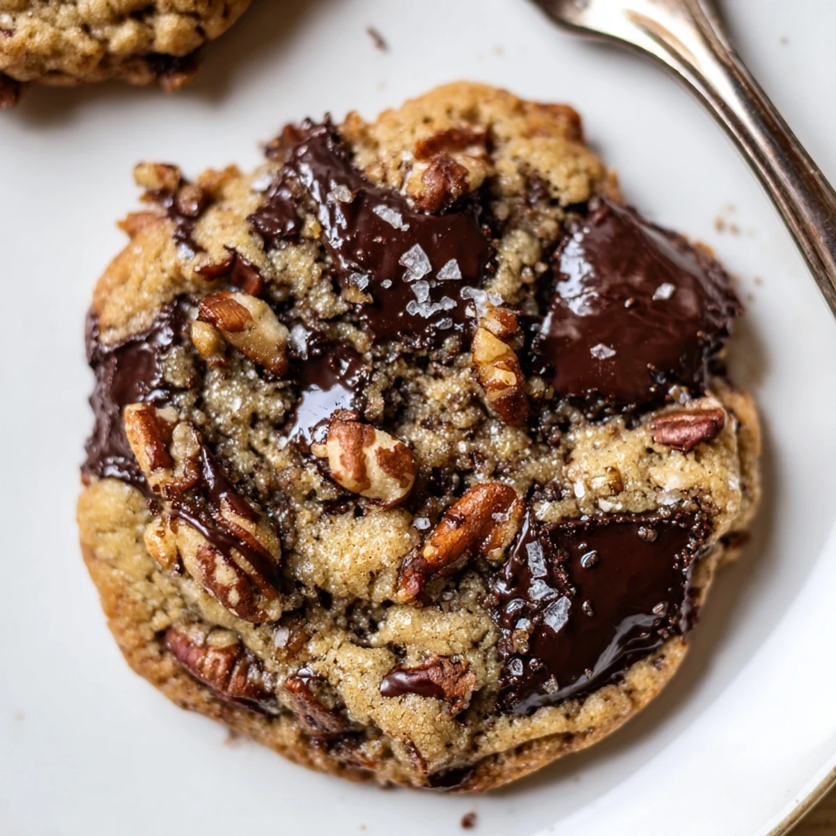 Gluten-Free Dark Chocolate Pecan Crisp Cookies with golden edges and toasted pecans
