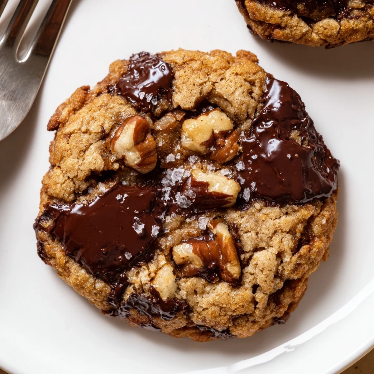Stack of Gluten-Free Dark Chocolate Pecan Crisp Cookies beside a cold glass of milk