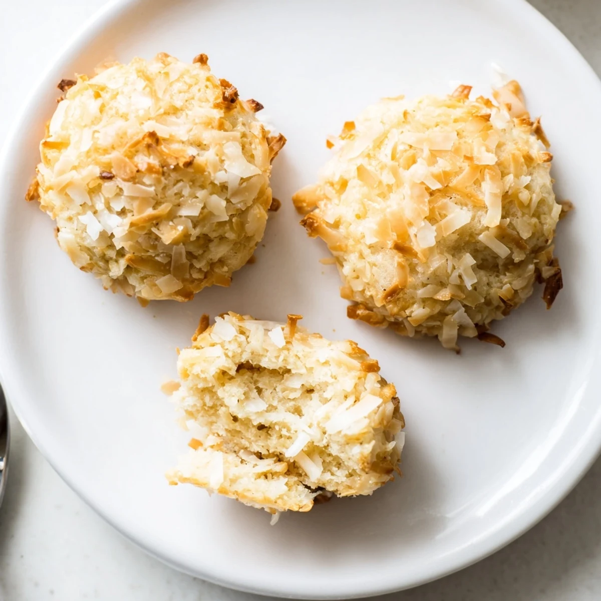Warm Keto Vanilla Coconut Crisp Cookies cooling on sheet, toasted coconut aroma