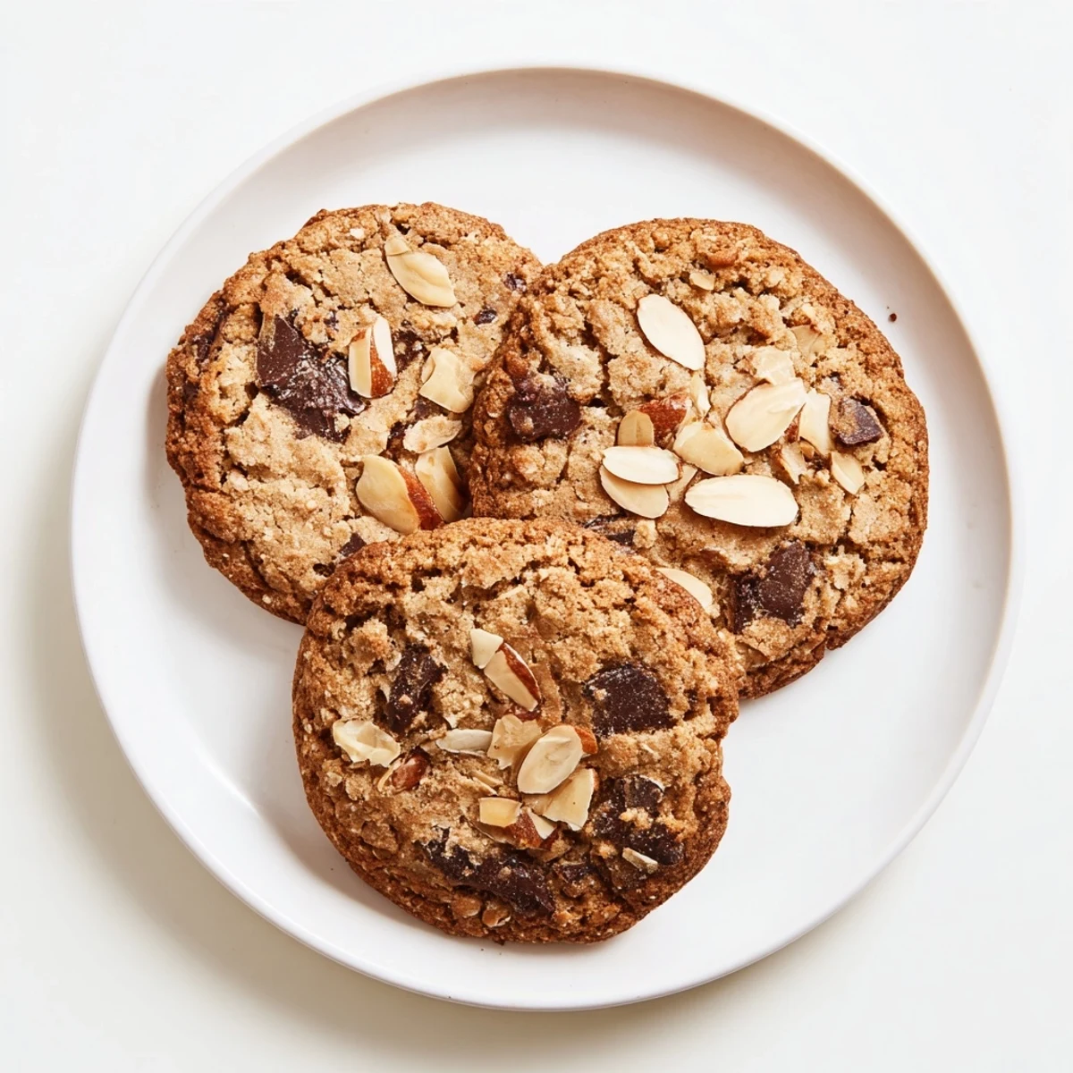 Golden gluten-free dark chocolate almond butter crisp cookies topped with melted chocolate chunks and sliced almonds on a white plate