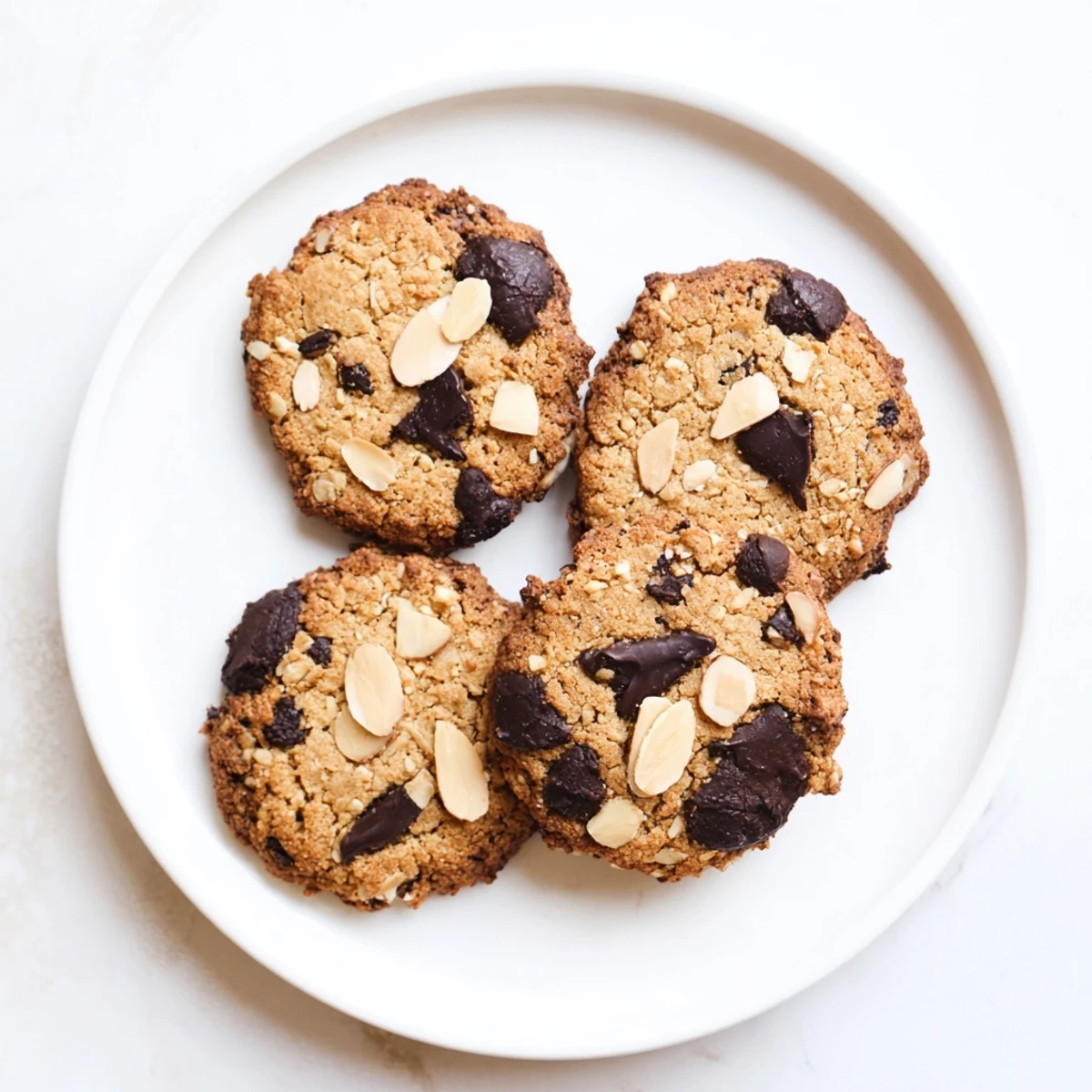 Close-up of a gluten-free dark chocolate almond butter crisp cookie showing creamy almond butter swirls and dark chocolate chips