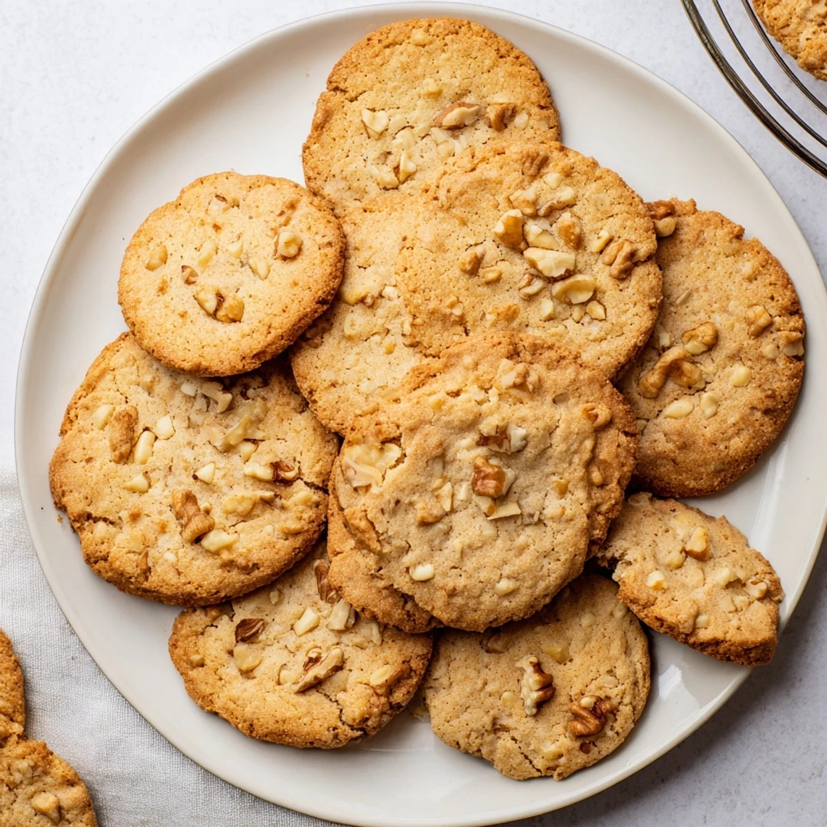 Freshly baked low-carb maple walnut cookies cooling on a wire rack with crispy edges