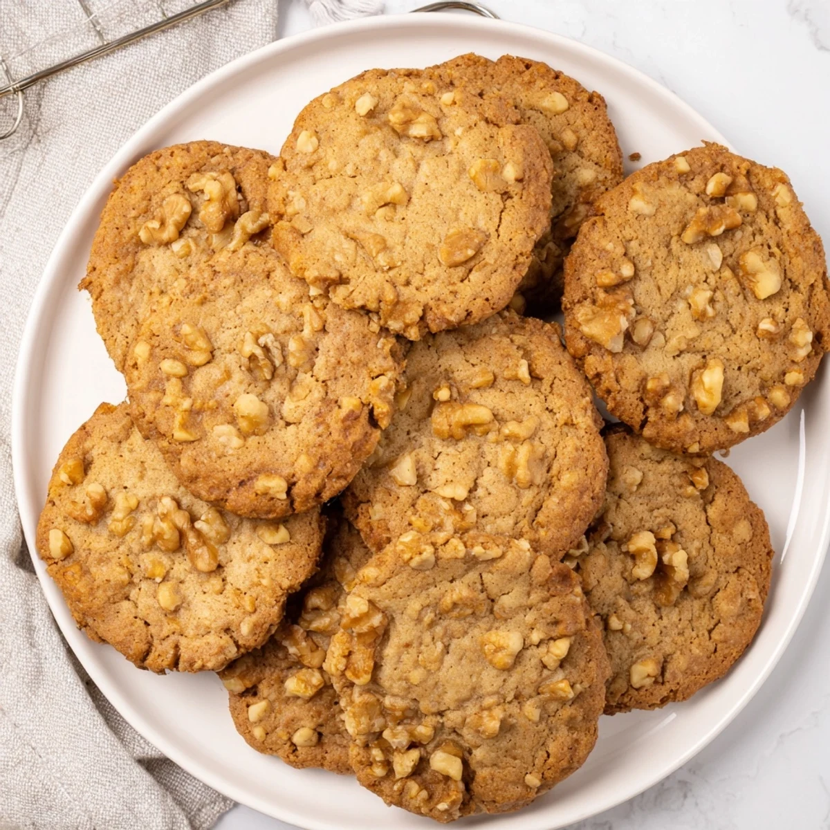 Golden brown keto maple walnut butter crunch cookies topped with chopped walnuts on a white plate
