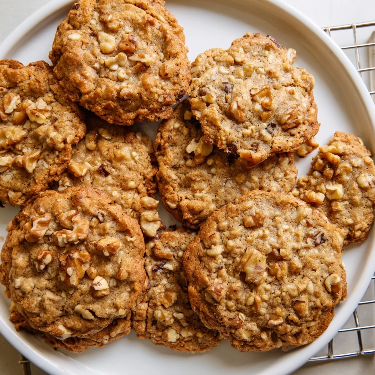 Stack of buttery keto maple walnut crunch cookies with visible nut pieces on rustic surface