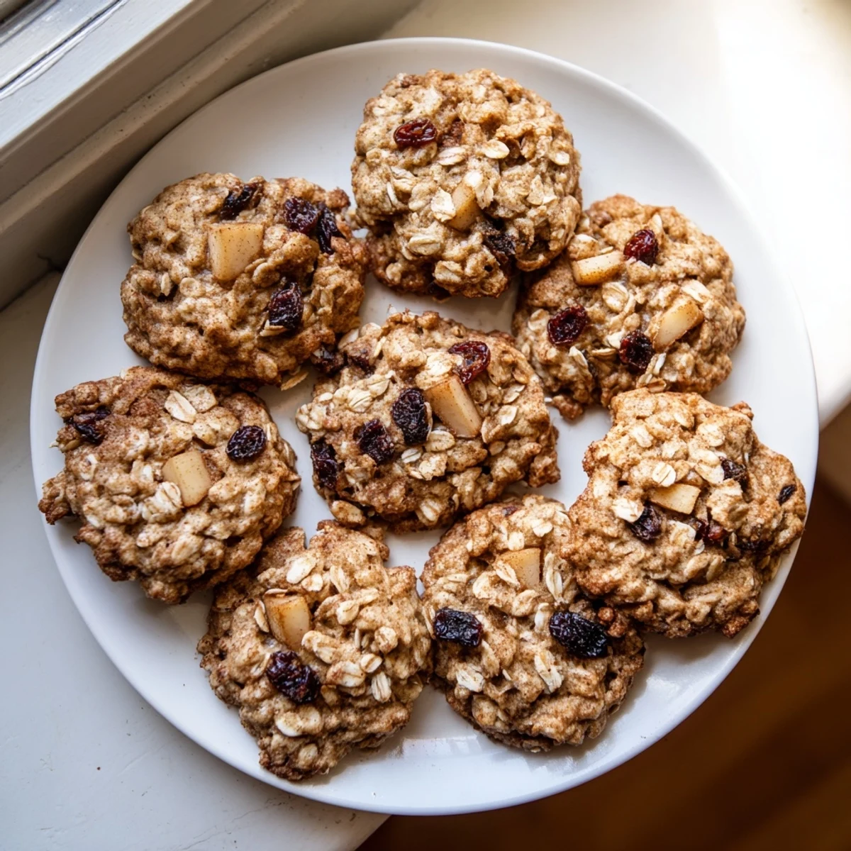 Golden brown apple cinnamon honey oatmeal raisin cookies cooling on a wire rack with visible diced apple pieces