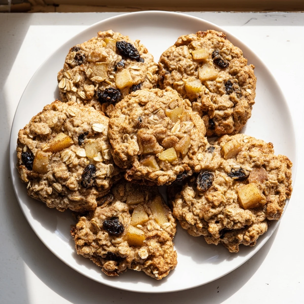 Soft chewy oatmeal cookies studded with sweet raisins and fresh apple chunks on a rustic wooden board