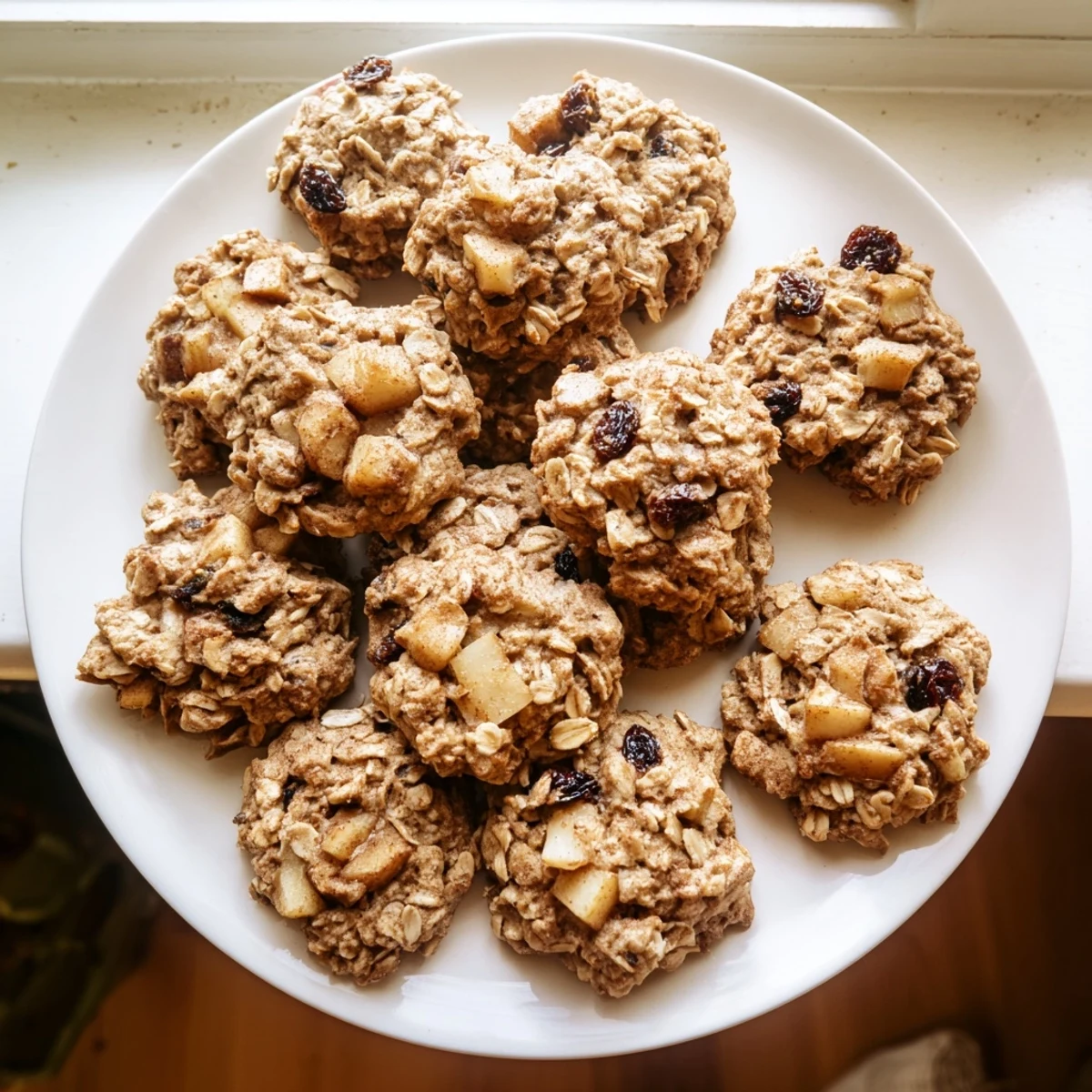 Warm homemade apple cinnamon oatmeal raisin cookies stacked high with a glass of milk on a white plate