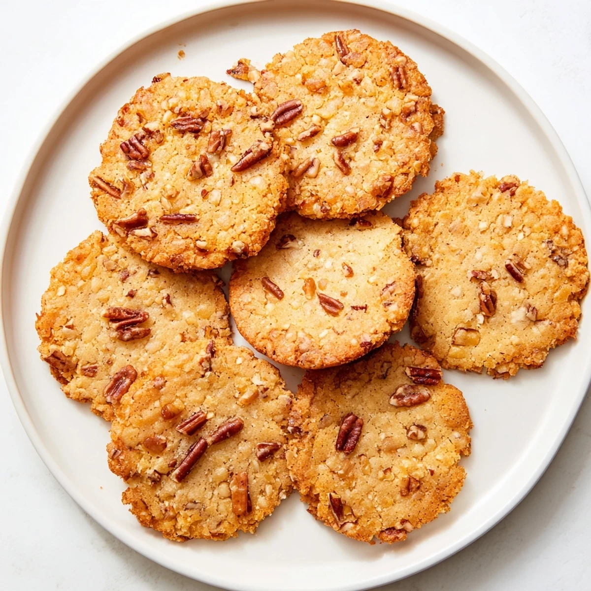 A stack of three low-carb keto vanilla pecan butter crisp cookies with visible chopped pecan pieces and slightly crinkled edges