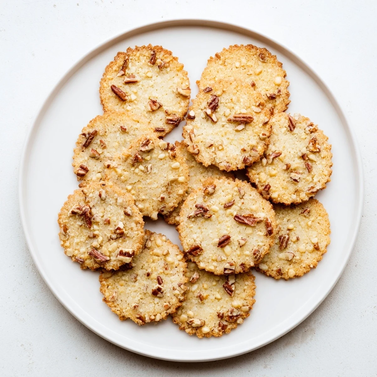 Golden brown keto vanilla pecan butter crisp cookies scattered on a white wire cooling rack, garnished with crushed pecans