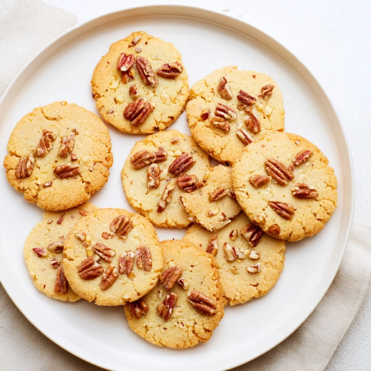 Close-up of a single keto vanilla pecan butter crisp cookie with toasted pecan halves on a rustic wooden board