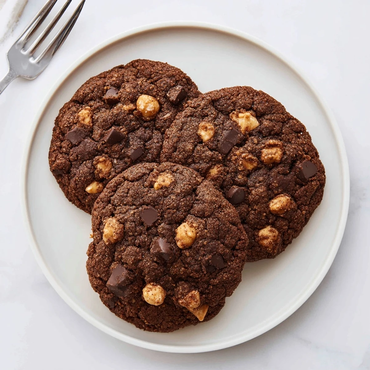 Chewy gluten-free espresso chocolate macadamia cookies studded with dark chocolate chunks and roasted nuts on a rustic wooden board