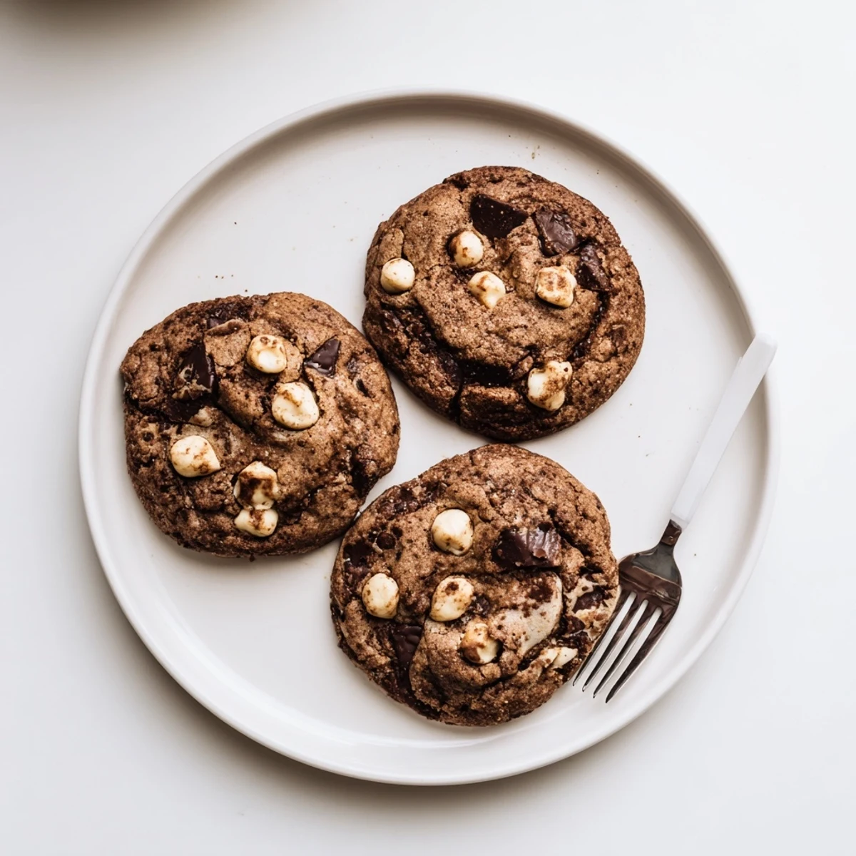 Freshly baked gluten-free espresso chocolate macadamia cookies with crisp edges and soft centers dusted with cocoa powder