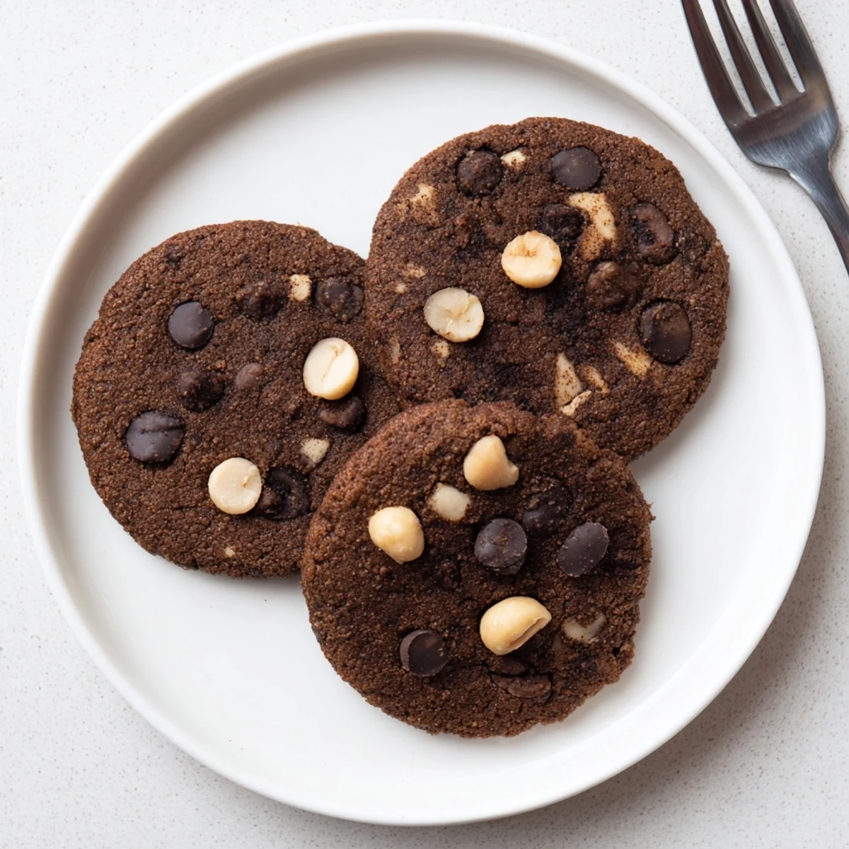 Stack of warm gluten-free espresso chocolate macadamia cookies featuring melty chocolate chips and crunchy nut pieces on a white plate
