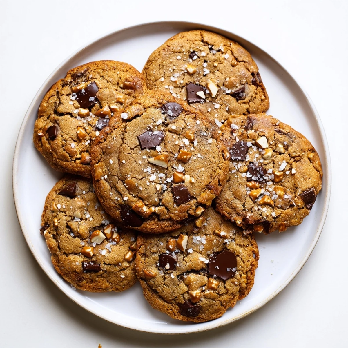 Freshly baked brown butter salted caramel honey pretzel chocolate chip cookies cooling on a wire rack with gooey caramel centers and crispy pretzel pieces visible