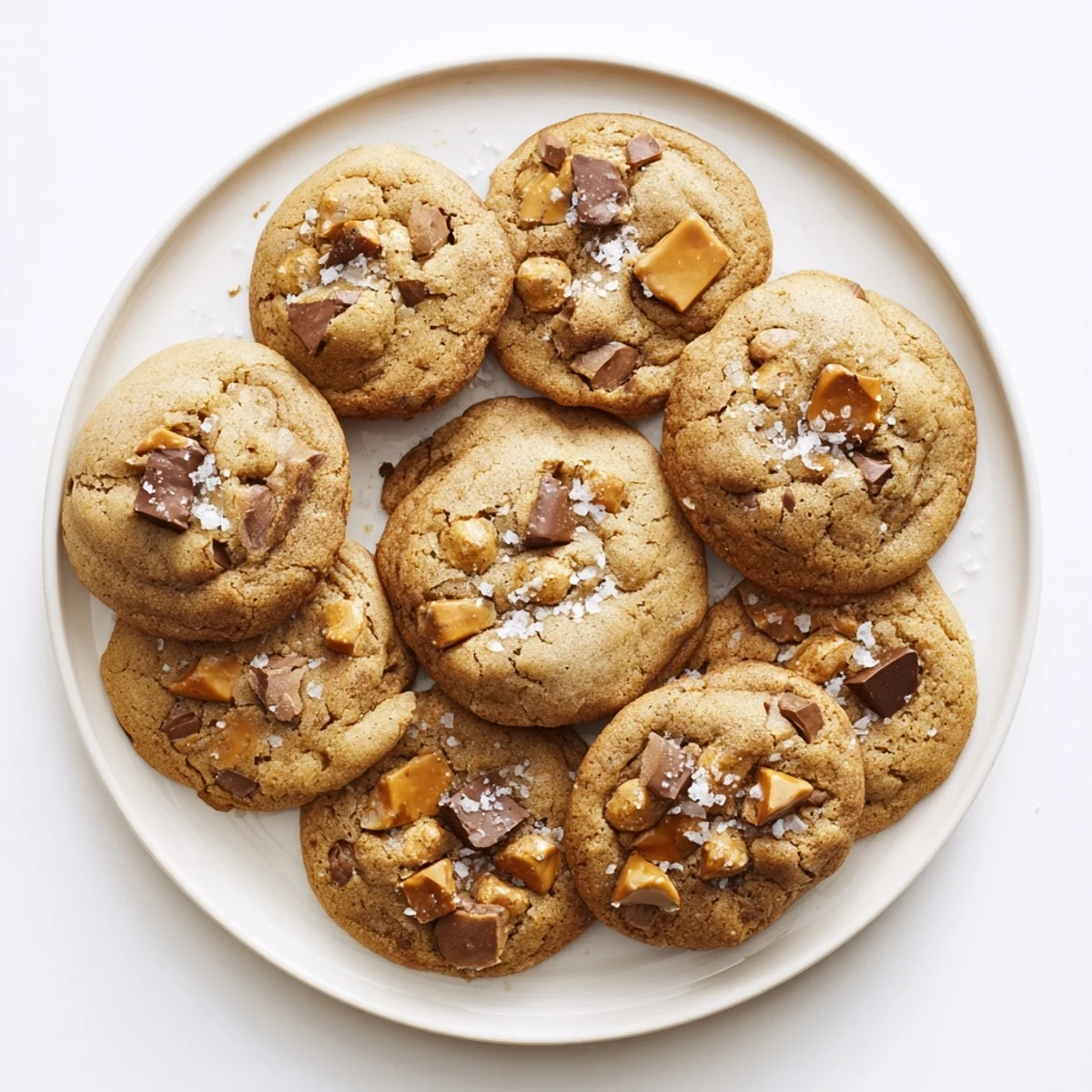 Golden brown butter salted caramel honey pretzel chocolate chip cookies stacked on a wooden cutting board with melty caramel pools and flaky sea salt glistening on top