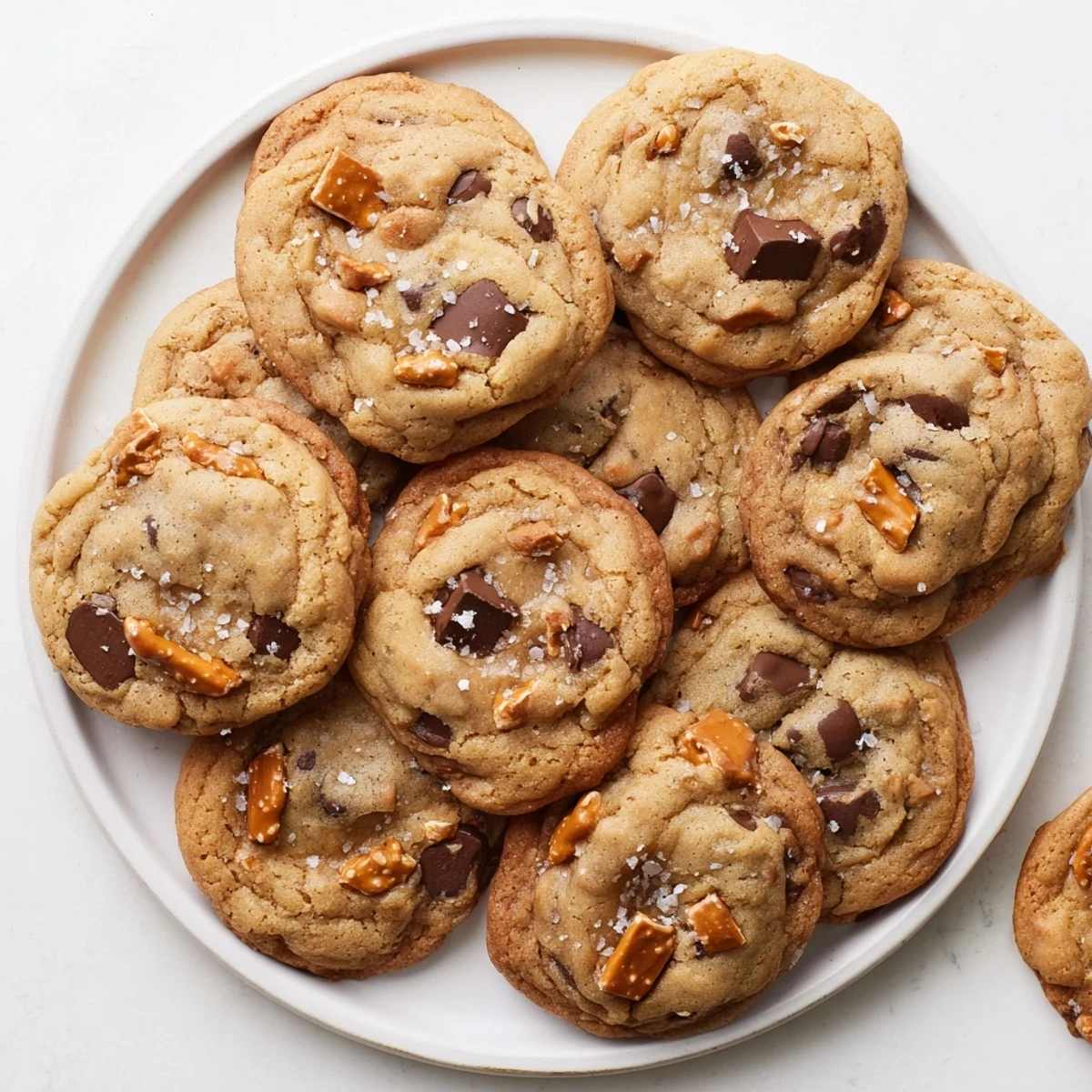Warm brown butter salted caramel honey pretzel chocolate chip cookies on a white plate with a glass of milk, showing chocolate chunks and caramel drizzle
