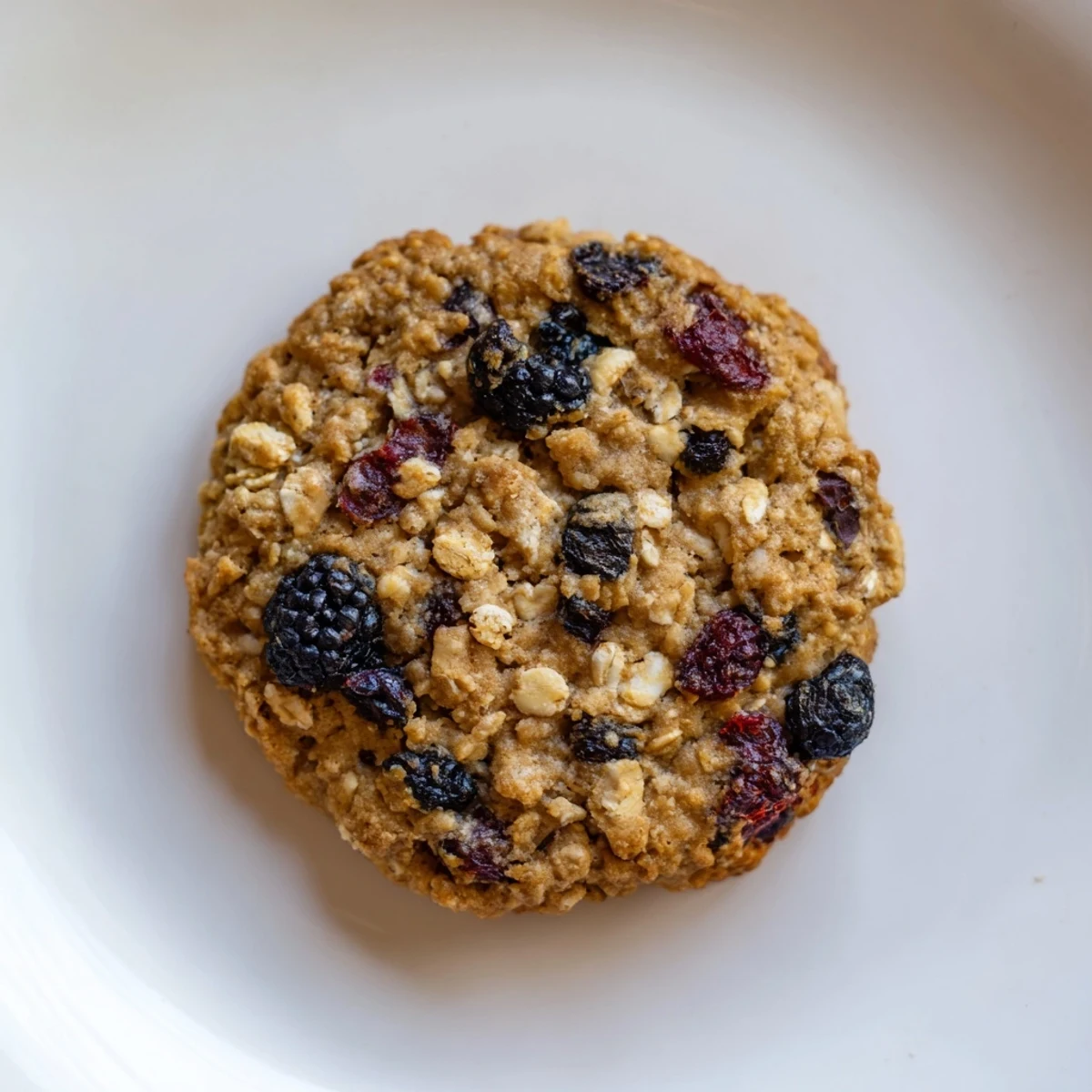 Freshly baked vegan blueberry blackberry oatmeal cookies studded with raisins on a cooling rack