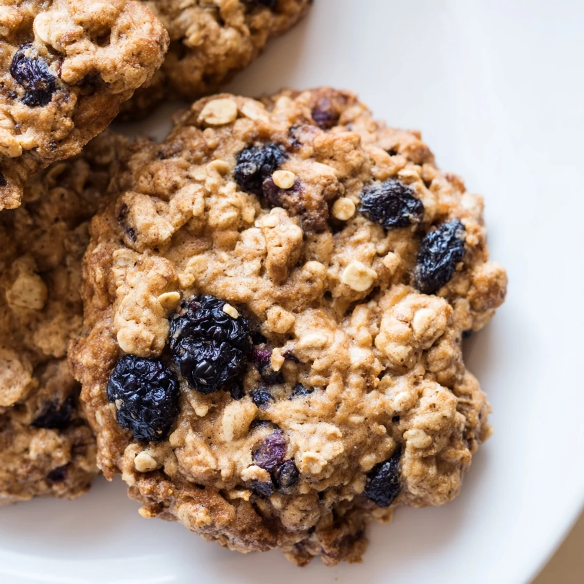 Soft chewy plant-based oatmeal raisin cookies loaded with dried blueberries and blackberries