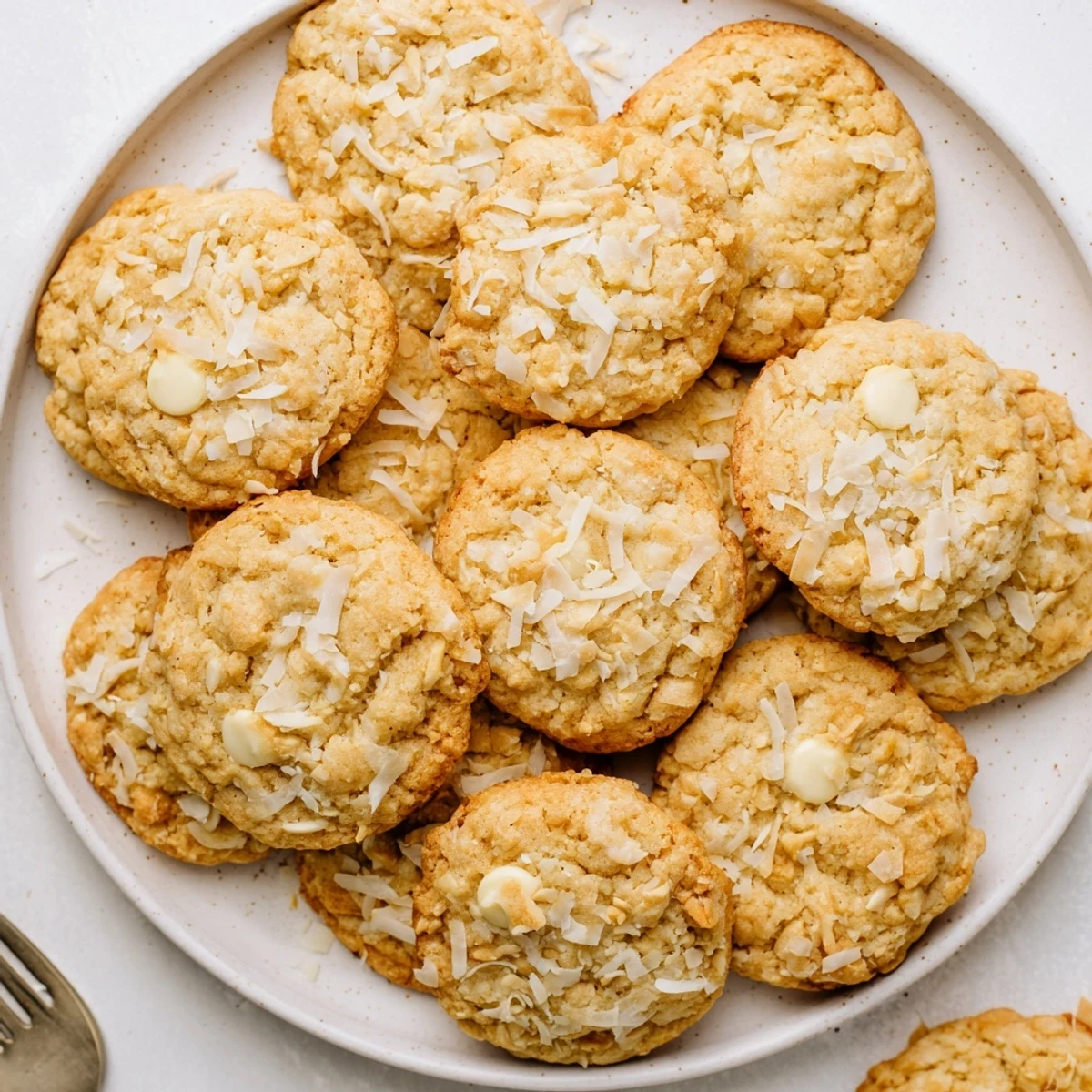 Golden gluten-free lemon coconut crunch cookies cooling on a wire rack with visible shredded coconut texture