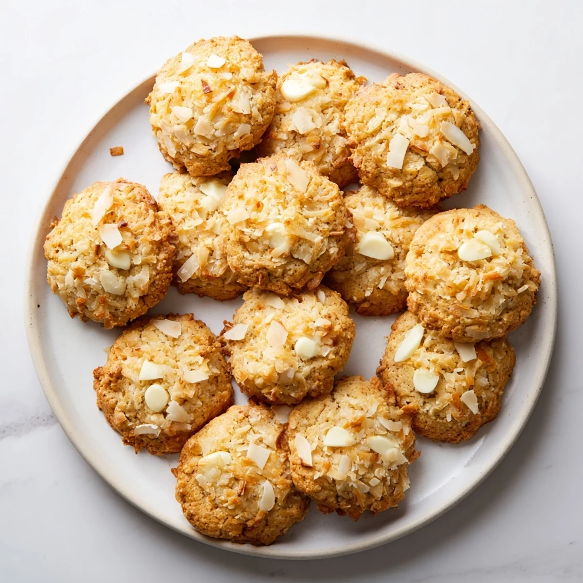 Stack of crisp gluten-free lemon coconut crunch cookies on a white plate with coconut flakes visible