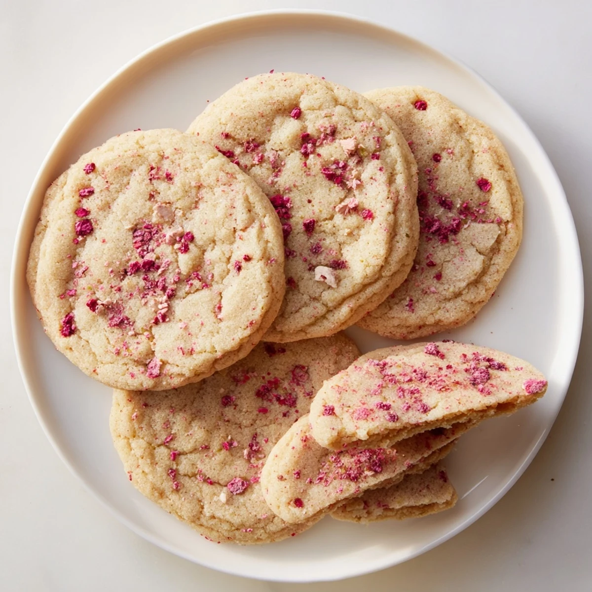 Soft vegan vanilla raspberry sugar cookies speckled with pink raspberry bits and dusted with sparkling sugar on a wooden board