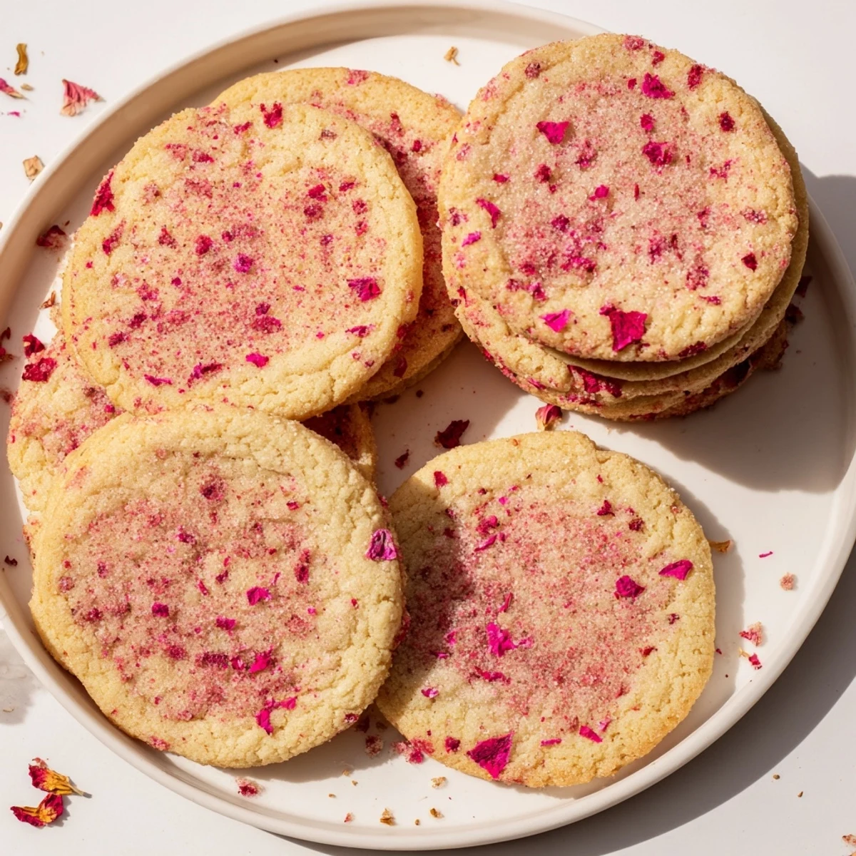 Golden vegan vanilla raspberry sugar cookies stacked high with vibrant red raspberry pieces visible throughout the chewy texture
