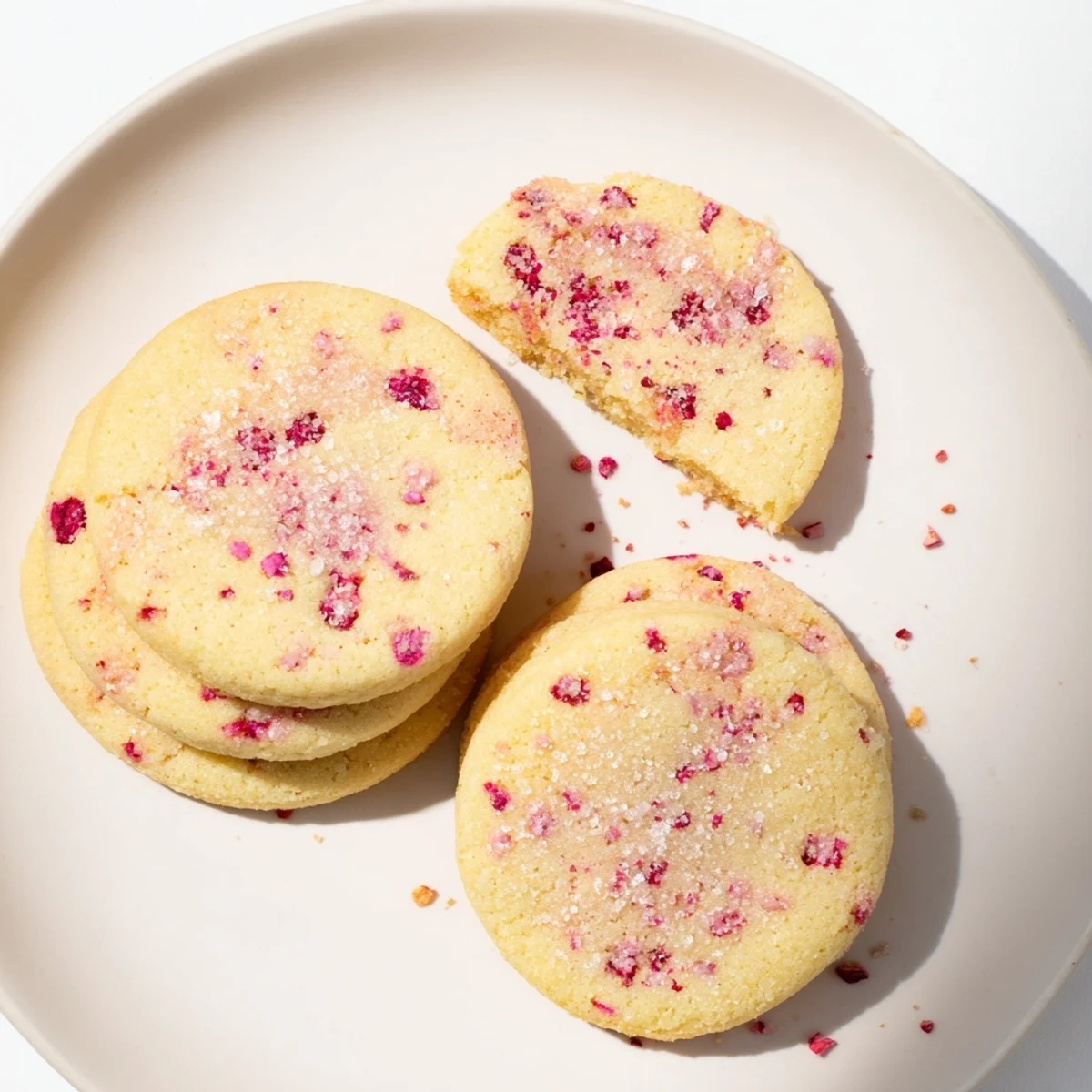 Plate of crinkle-topped vegan vanilla raspberry sugar cookies featuring tangy red berry swirls and a light sugary coating