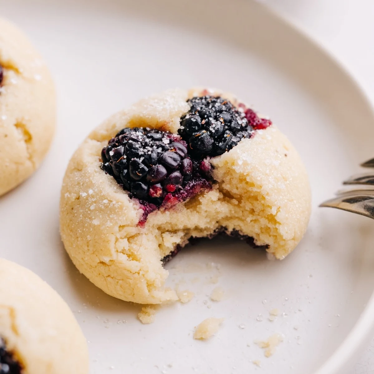 Vegan Vanilla Blackberry Sugar Cookies cooling on wire rack, sugared sheen.