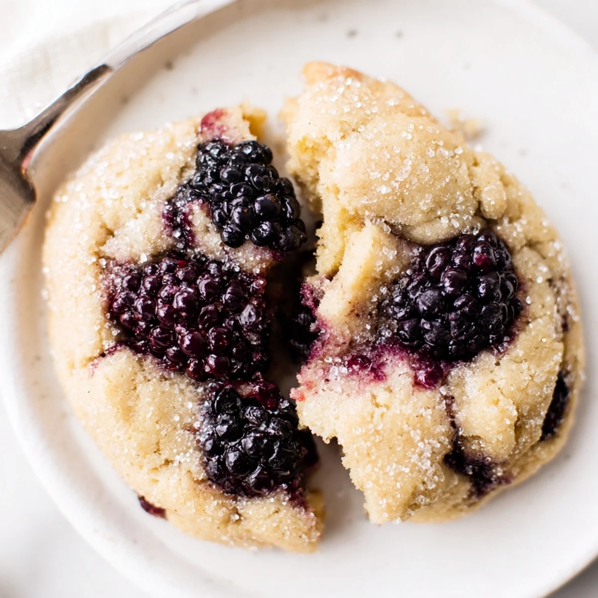 Warm Vegan Vanilla Blackberry Sugar Cookies served with oat milk for dunking.