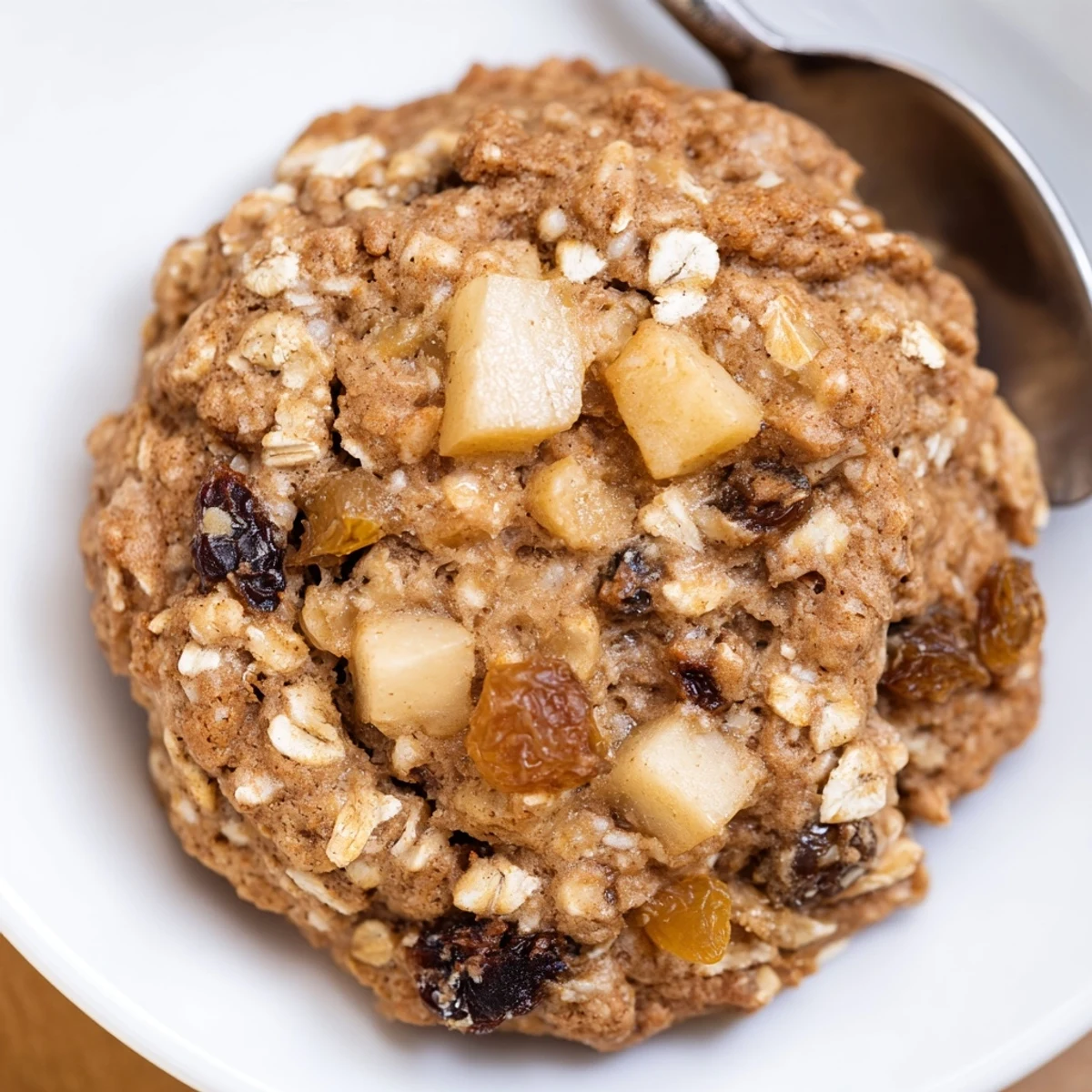 Stacked Apple Cinnamon Nutmeg Oatmeal Raisin Cookies served with milk, spice-scented crumbs