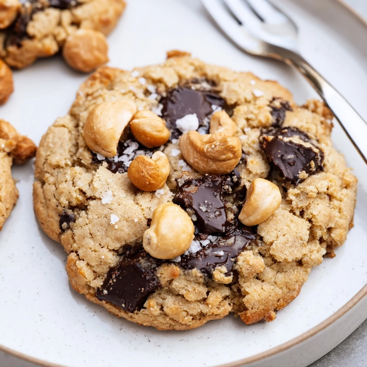 Gluten-Free Dark Chocolate Cashew Butter Crisp Cookies stacked warm on wire rack