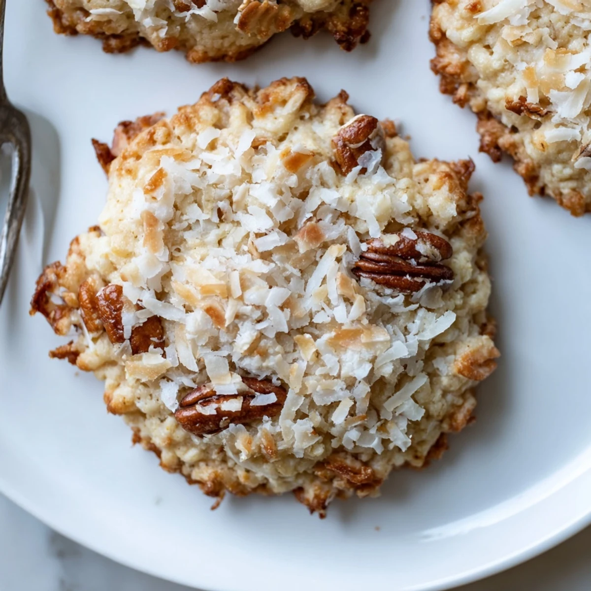 Freshly baked Keto Maple Coconut Butter Crunch Cookies, crisp centers, sprinkled with toasted pecans