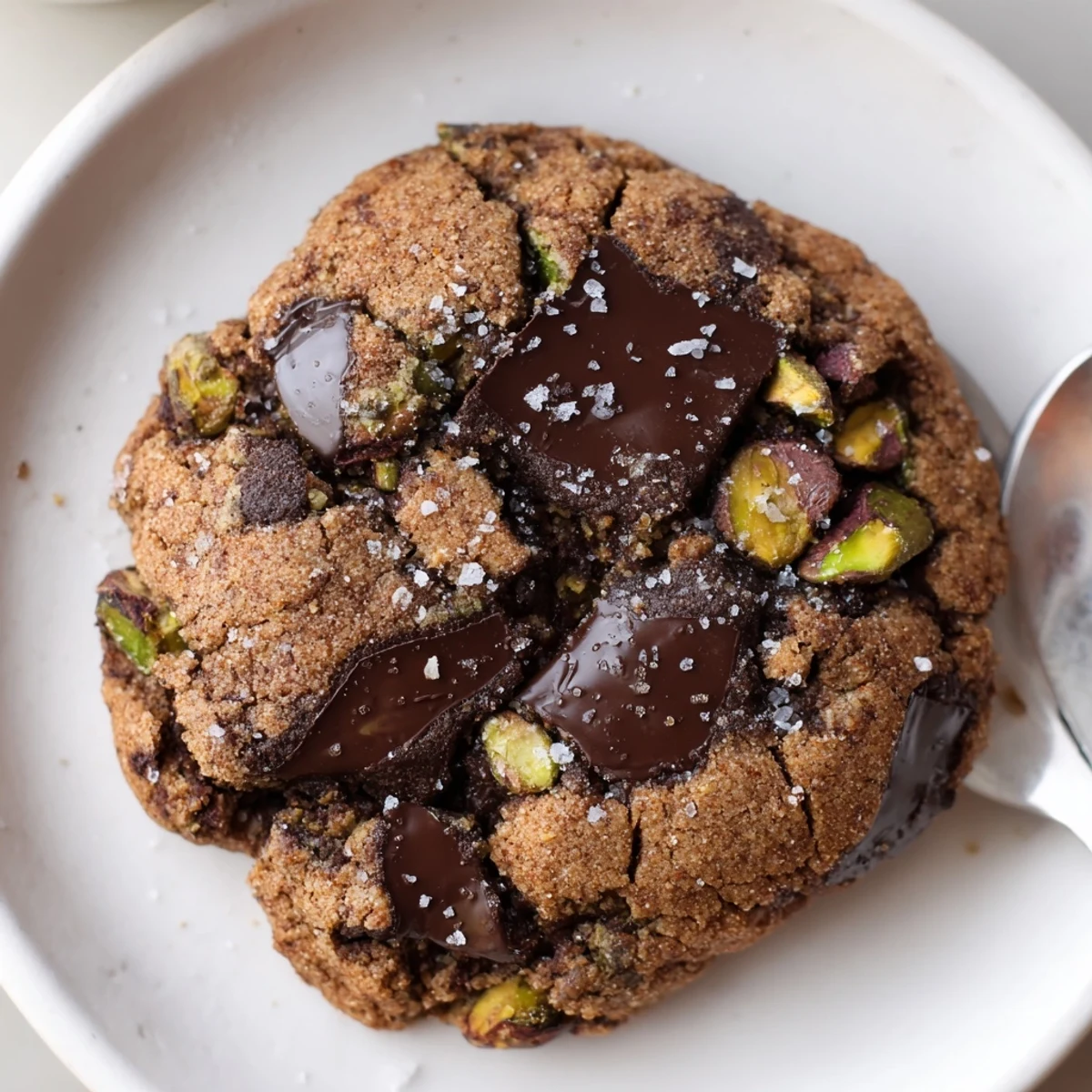 Warm Gluten-Free Espresso Chocolate Pistachio Butter Cookies with melted dark chocolate centers.